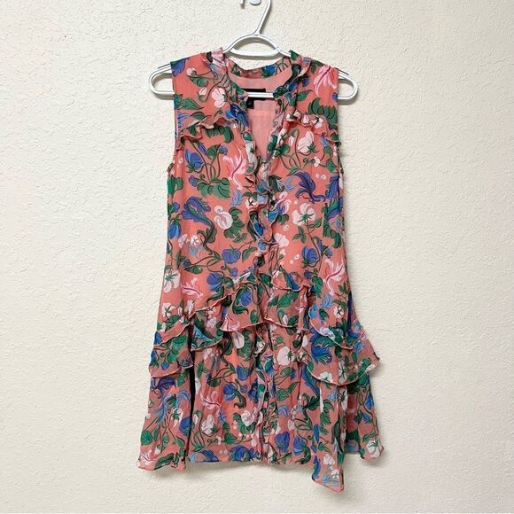 SALONI Dresses & Skirts - Saloni Tilly 100% Silk Pink Floral Button Up Ruffle Dress  Size 2 Sleeveless